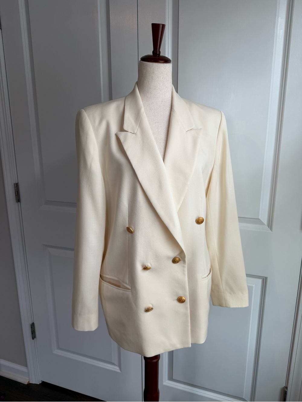 Vintage Pendleton Cream Double Breasted Wool Blazer Gold Crest Buttons Size 14